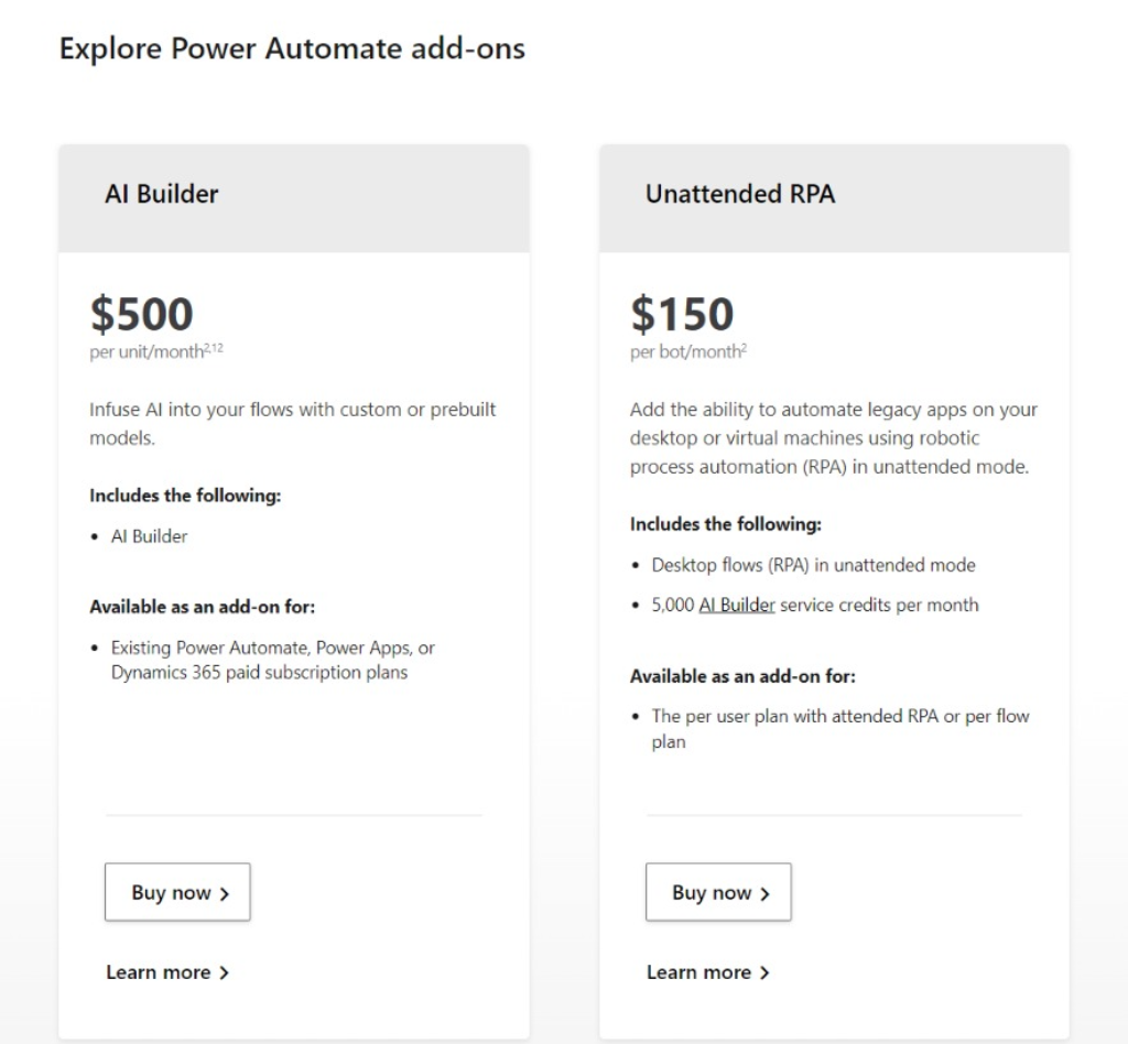 power automate add ons pricing